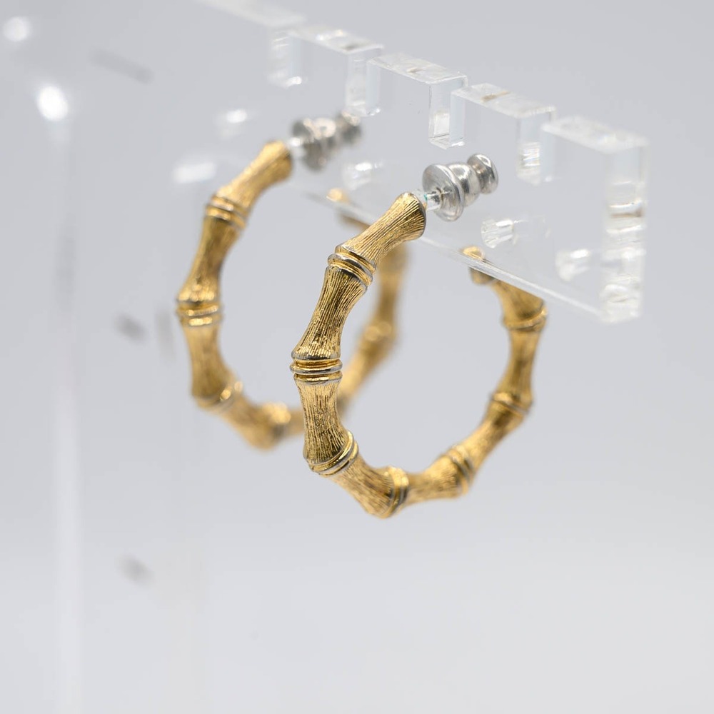Bamboo Hoop Earrings 1.25" Gold Tone Textured C-Shape Post Back